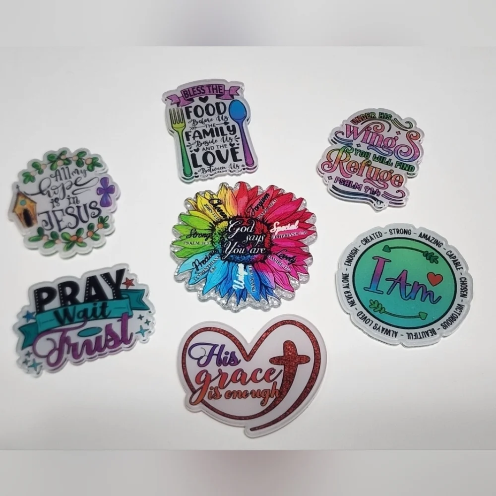 Acrylic Flatback Religous Christian God Says‎ Badge Clip Keychain Crafts 7 Pc